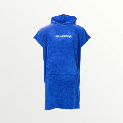 two bare feet towelling robe blue