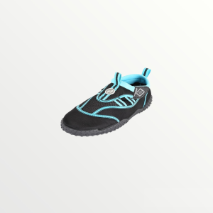 two bare feet aqua shoe
