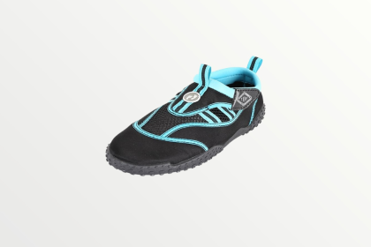 two bare feet aqua shoe