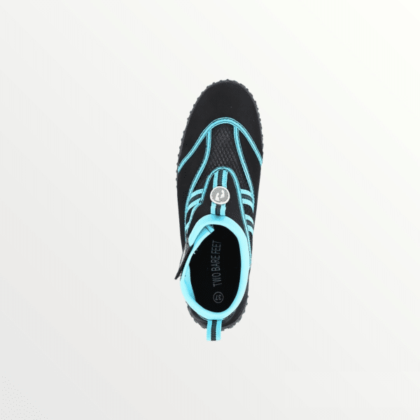 two bare feet aqua shoe